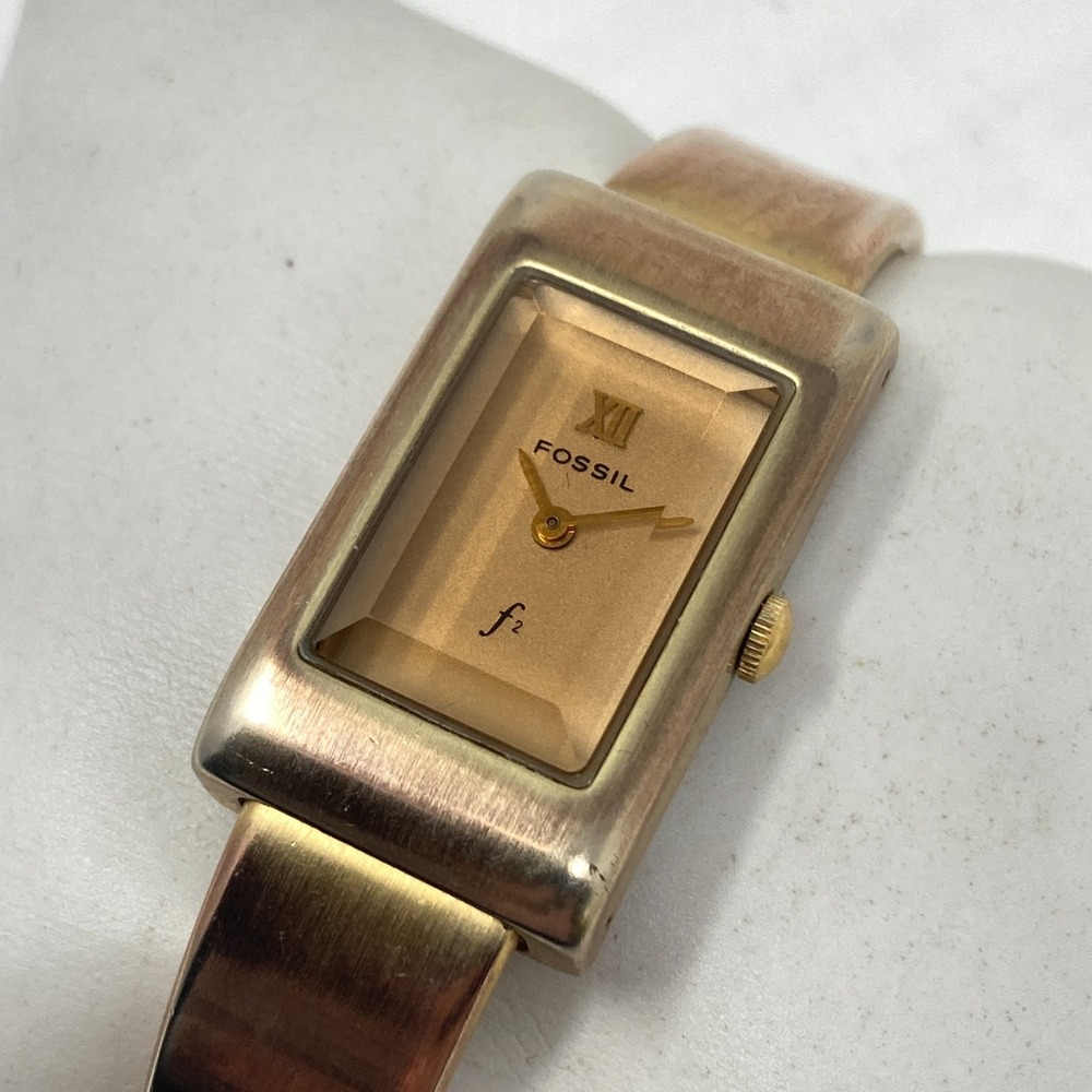 Fossil F2 Tank Watch Women 19mm Gold Tone Cuff Faceted New Battery SMALL 6"